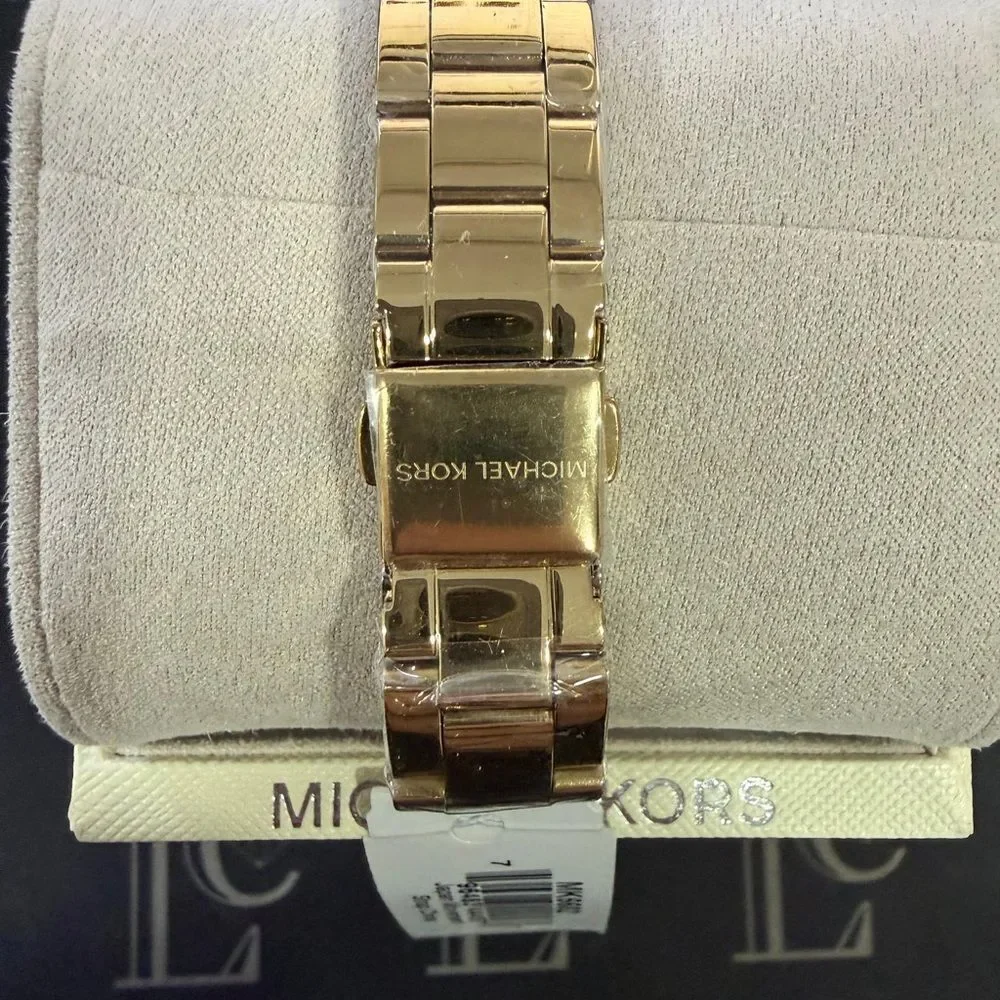 NIB Michael Kors Runway Quartz Black Dial Gold Steel Strap Watch